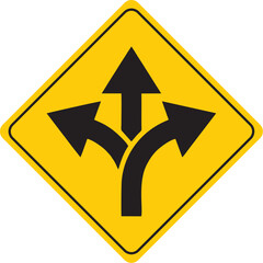 three-way road split traffic warning sign, yellow diamond-shaped caution symbol indicating multiple directions