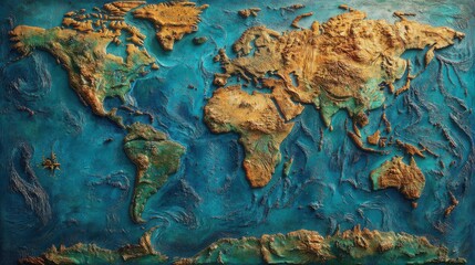 A top-down view displays a vibrant world map highlighting Earth's diverse physical features, including continents, oceans, and natural landscapes