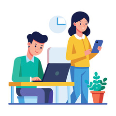man sitting at his desk working on laptop, with woman standing near him holding phone, designed in flat style vector 

