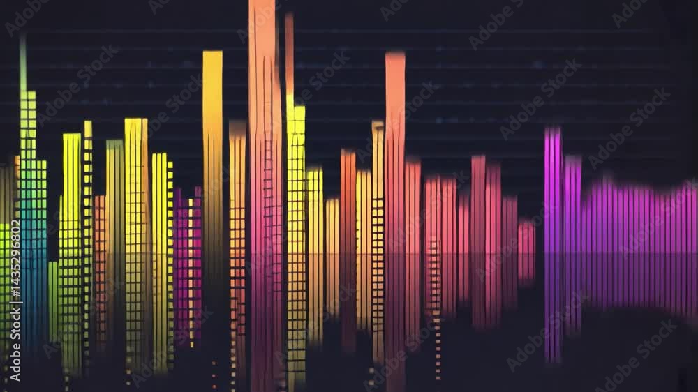 Poster vibrant sound waves and colorful bars create dynamic visual representation of music, reflecting ener