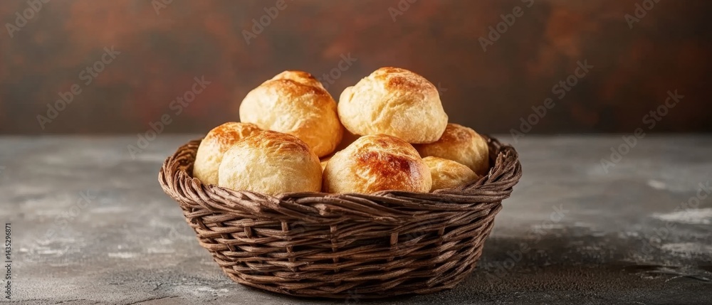 Aufkleber golden buns in rustic wicker basket against a textured backdrop creating a warm inviting atmosphere 