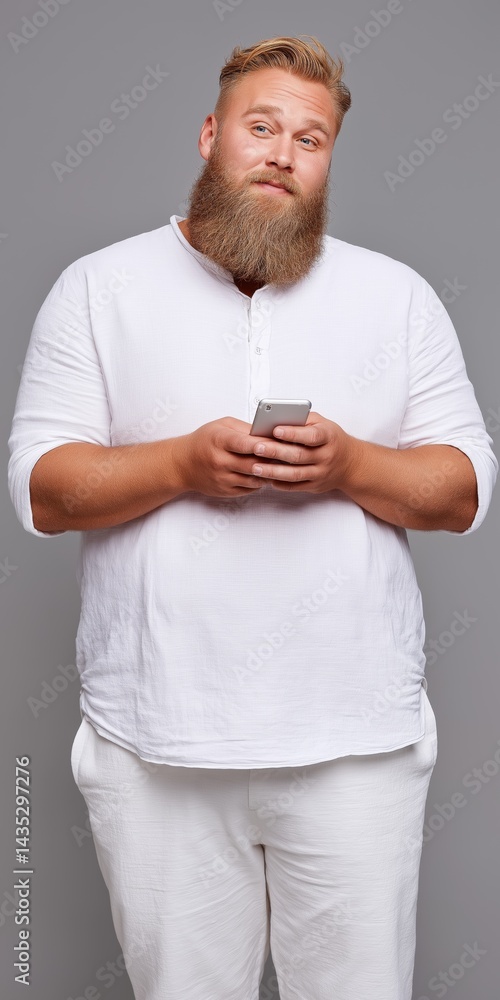 Poster a man with a beard is holding a cell phone. he is looking at the screen with a puzzled expression