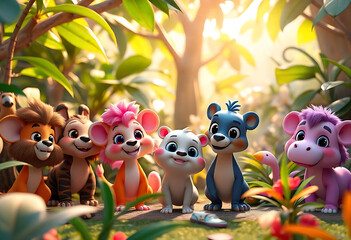 Fototapeta premium Monkeys cartoon standing in a line with colorful fur and cute expressions in jungle featuring cartoon monkeys, animals, wildlife