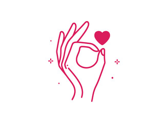 Vector simple linear illustration of hand drawn hands gently holding a heart, hand poster, logo, print design template, symbolizing care, love, support, gesture in minimal modern art style.