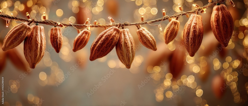 Poster cacao pods hanging on a string of lights creating a warm and festive atmosphere with blurred bokeh l