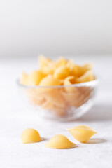 Raw uncooked dried Conchiglie shell pasta. Italian seashells pasta in glass bowl on white background.