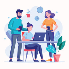 man sitting at his desk working on laptop, with woman standing near him holding phone, designed in flat style vector 
