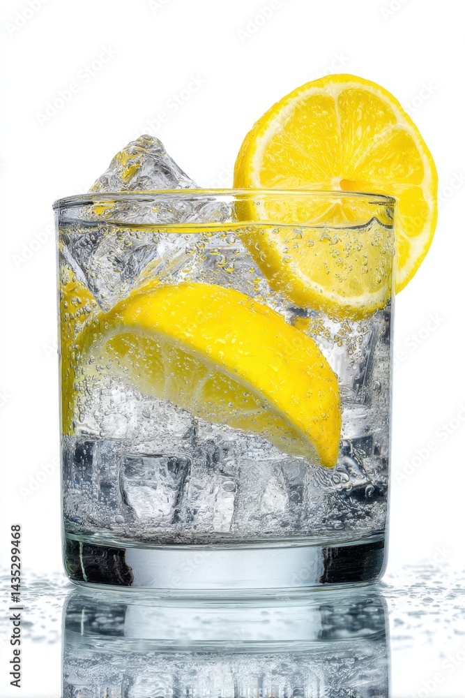 Poster refreshing lemon infused water with ice cubes in glass on white background capturing the essence of 