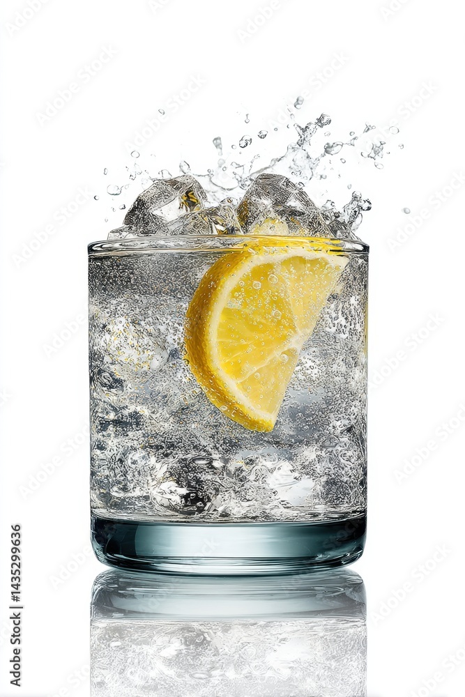 Aufkleber refreshing citrus beverage with ice cubes and sparkling water creating a splash in a clear glass aga