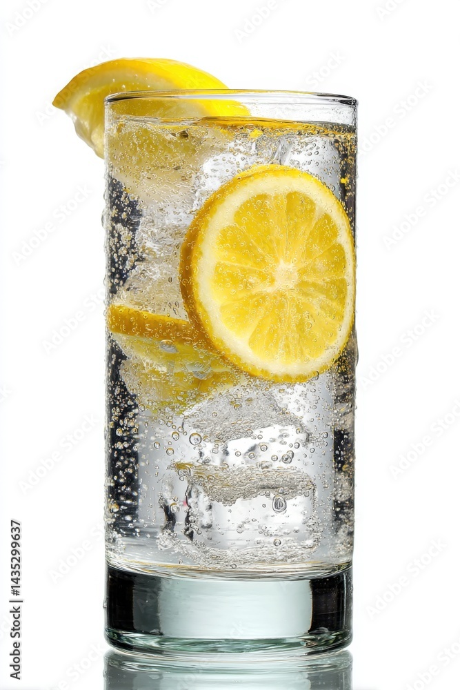 Aufkleber refreshing sparkling water with lemon slices in a tall glass against a bright white background captu