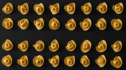A high-quality image of tortellini arranged symmetrically in rows, focusing on the smooth, glossy surface of each piece, placed on a dark background.