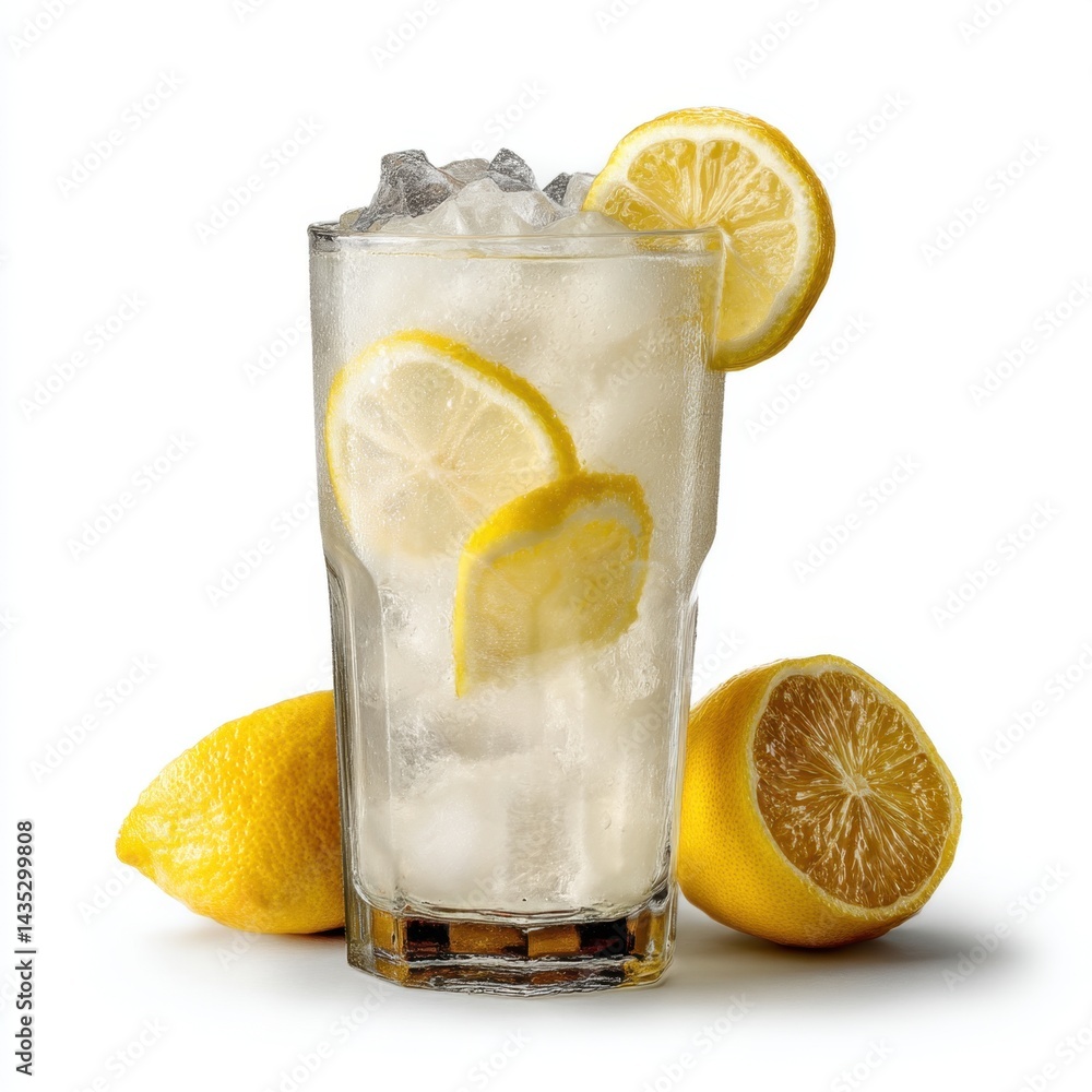 Aufkleber refreshing lemonade with lemon slices and ice cubes in a glass on a white background creating a brig