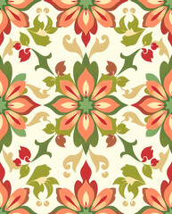 Create floral Damask fabric with geometric balance and textured elegance, seamless pattern.