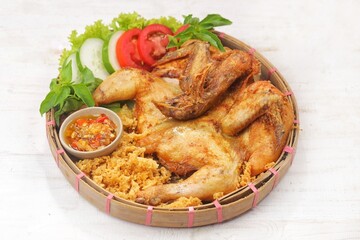 Ayam goreng kremes. Kremes chicken is made from seasoned chicken coated with jeladren (thin batter) made from seasoned wheat flour and fried until golden brown.