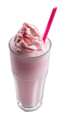 Indulge in a Delightful Strawberry Milkshake with Whipped Cream Topping and a Vibrant Pink Straw Against a Clean White Background for a Refreshing and Sweet Treat