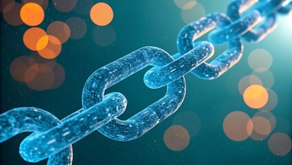 Close-up shot of a shimmering chain, symbolizing connection and strength. The chain is presented in a digital artistic way, which suggests themes of technology, unity and linking
