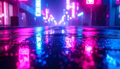 A neon cyberpunk street background with glowing pink and blue lights reflecting off rain-slicked pavement.