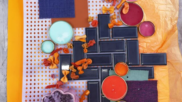color palette mood board in orange tones with blue accents for interior design and decoration