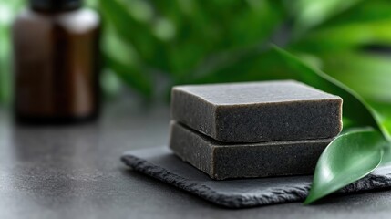Dark soap bars on a slate coaster, natural ingredients