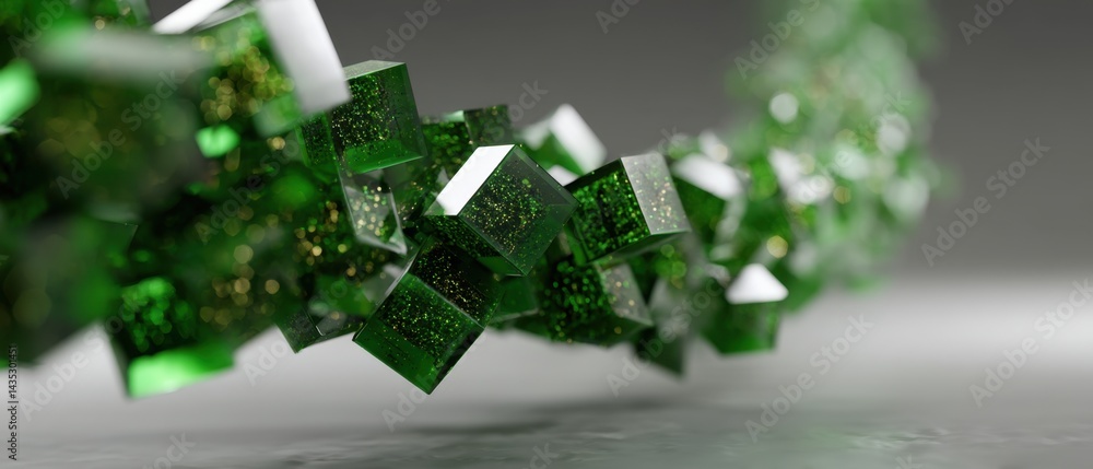 Poster emerald cubes with golden sparkles arranged in a circular form on a gray surface creating a modern a