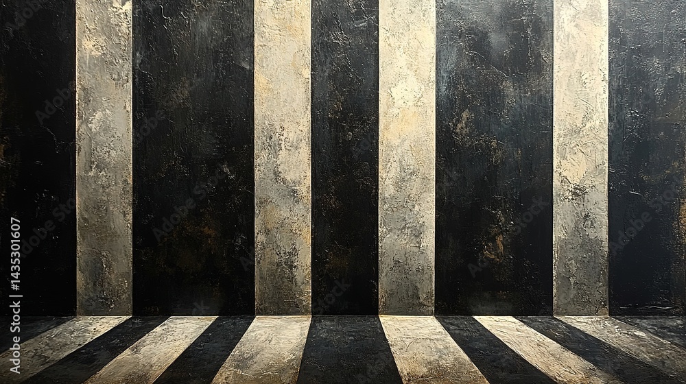 Poster textured black and white vertical stripes creating an abstract r