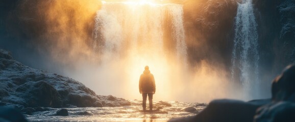 Person admiring majestic waterfalls nature scene landscape exploration inspiration
