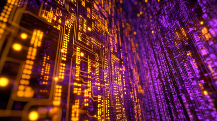 Fototapeta premium Glowing Circuit Board Abstract Purple and Gold Digital Art