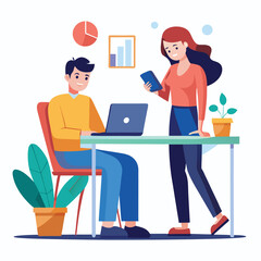 man sitting at his desk working on laptop, with woman standing near him holding phone, designed in flat style vector 
