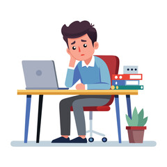 Vector of stressed tired man sitting at table working on laptop computer