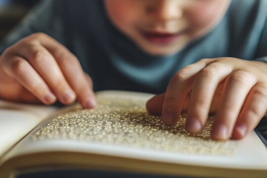 Close-up of child's hands reading braille.