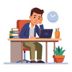 Vector of stressed tired man sitting at table working on laptop computer