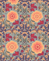 Elegant Damask floral fused with geometric elements in vibrant hues, seamless pattern.