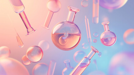 Cosmetic Essence, Liquid bubble with glass flask and cylinder equipment in medical science lab background, 3d rendering
