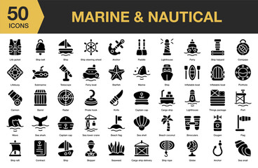 Marine And Nautical solid icon set. Includes blue, anchor, travel, sailing, wave, sailor, and More. Solid icons vector collection.
