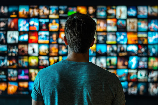 Man browsing digital streaming platform with a wall of movie and TV show thumbnails