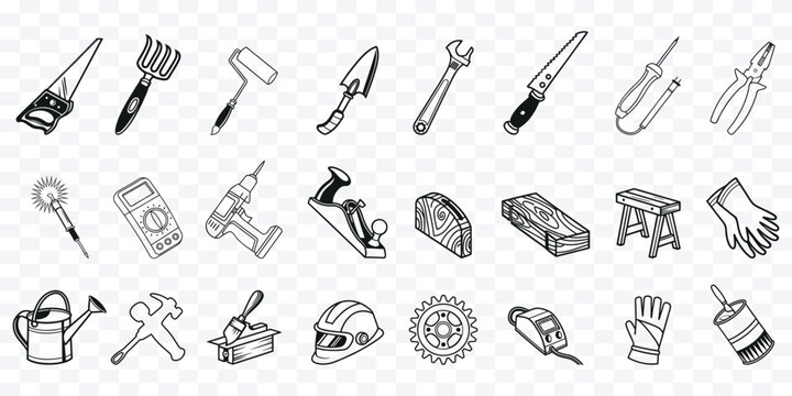 Workshop tool line icon set featuring saw, drill, wrench, trowel, pliers, helmet, gloves, and workbench, ideal for construction, repair, woodworking, and handyman service designs.