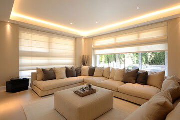 Fototapeta premium Spacious modern living room with large sectional sofa, soft lighting, and neutral tones