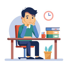 Vector of stressed tired man sitting at table working on laptop computer