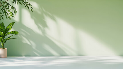 Empty green room studio with sunlight effect shadow of leaves. Minimal background for product presentation. Summer spring backdrop. Cosmetic and beauty products display room.