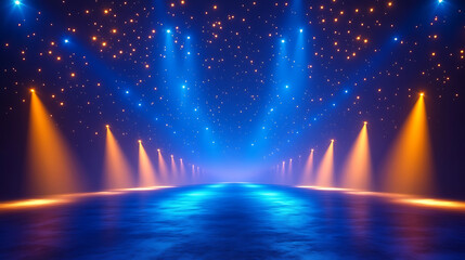 Abstract futuristic stage with bright spotlights and shimmering particles for events and performances background with glows and reflections