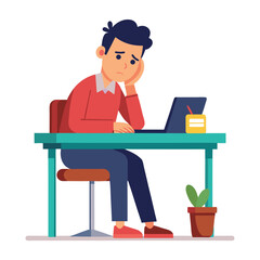Vector of stressed tired man sitting at table working on laptop computer