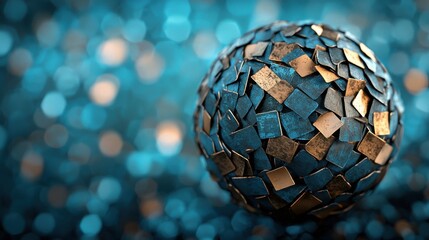 A shimmering blue mosaic sphere set against a blurred turquoise background, showcasing intricate patterns and textures.