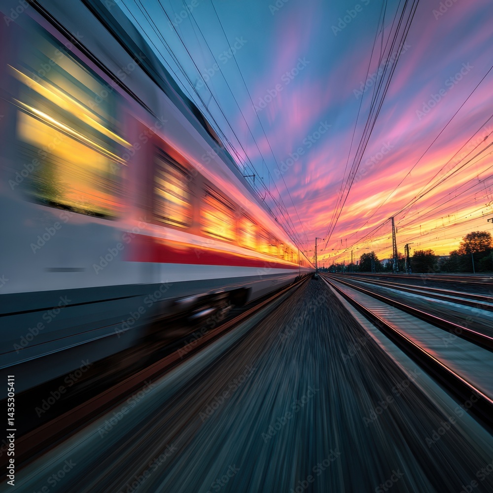 Poster express train journey at sunset with vibrant sky and dynamic motion blur capturing speed and modern 