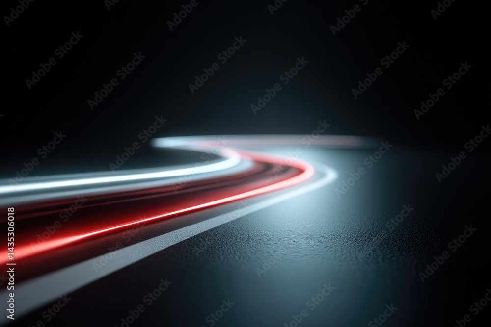 Poster curving light trails create dynamic sense of motion in dark surr