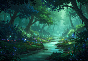 Obraz premium Enchanted Forest Stream: Magical Nature Background, Fantasy Art, Digital Painting