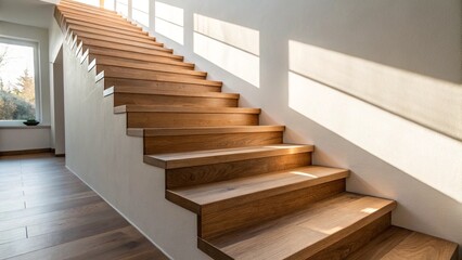 Sunlit Through the Window with Staircase Oak Treads Crisp Shadows on White Plaster Wall