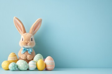 Cute easter bunny with colorful eggs on light blue background
