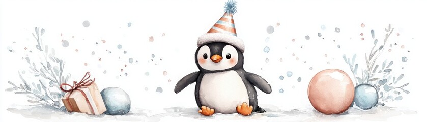 Fototapeta premium A cute penguin wearing a party hat sits among festive decorations, including presents and colorful balls, creating a cheerful winter scene.