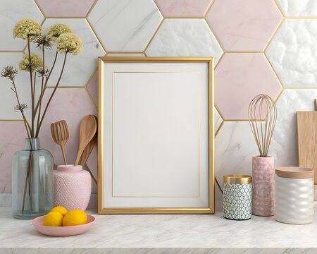 Blank vertical frame mockup with a thin gold border, laced on a clean, modern kitchen countertop with a minimalistic style