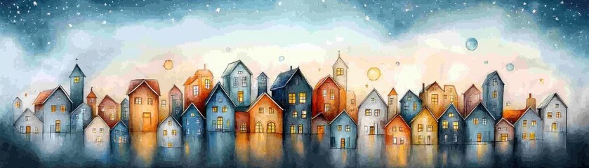 Naklejka premium A vibrant, artistic depiction of colorful houses under a starry sky, reflecting on water, creating a whimsical and peaceful atmosphere.